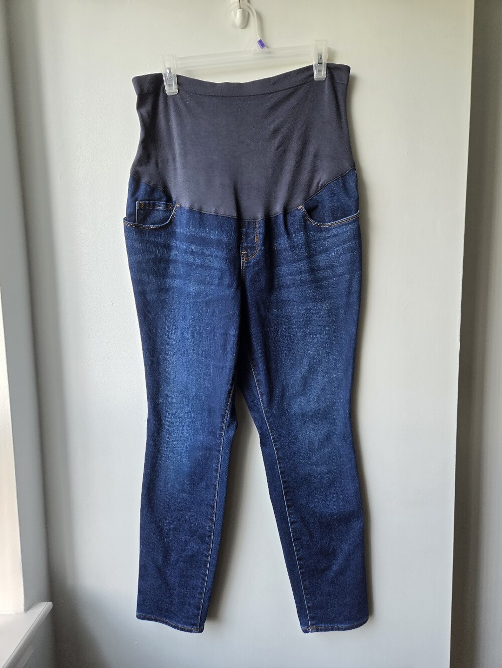 Maternity 14 Dark Wash Denim Jeggings Full  Panel Comfy Stretch Skinny Short